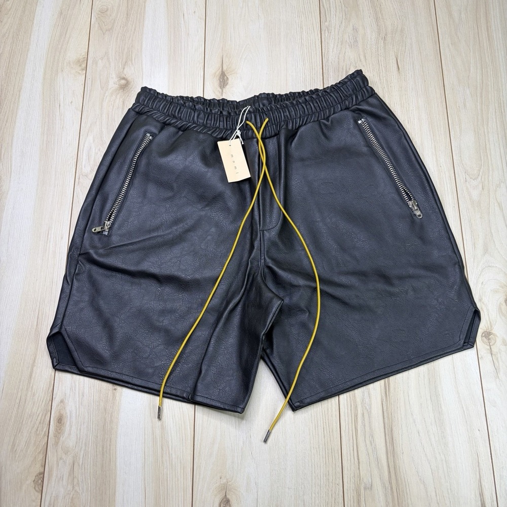MNML Mens 100% Leather Basketball Shorts Black Large Drawstring 7" Inseam NWT